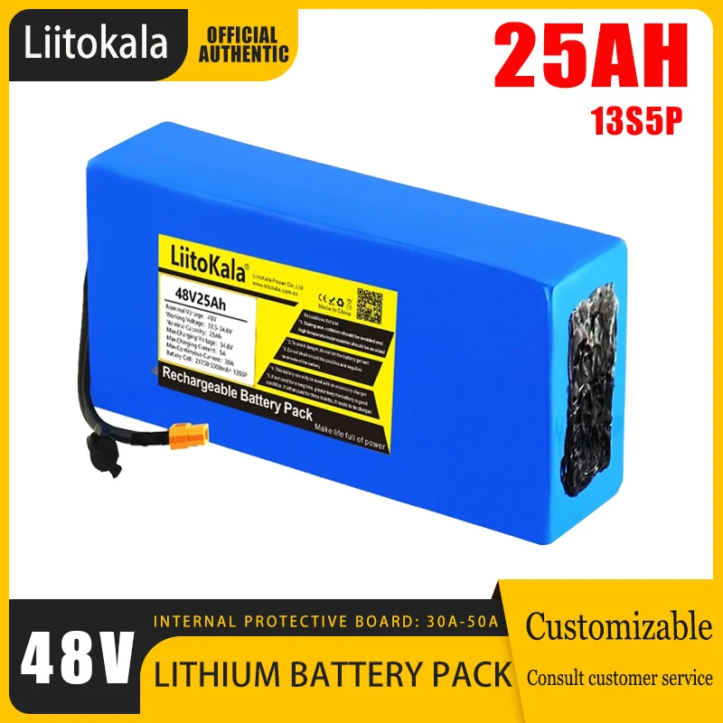 LiitoKala 48V 25ah 21700 5000mAh 13S5P Lithium Battery Pack 48V 25AH 1500W electric bicycle battery Built in 30A BMS T/XT90/XT60