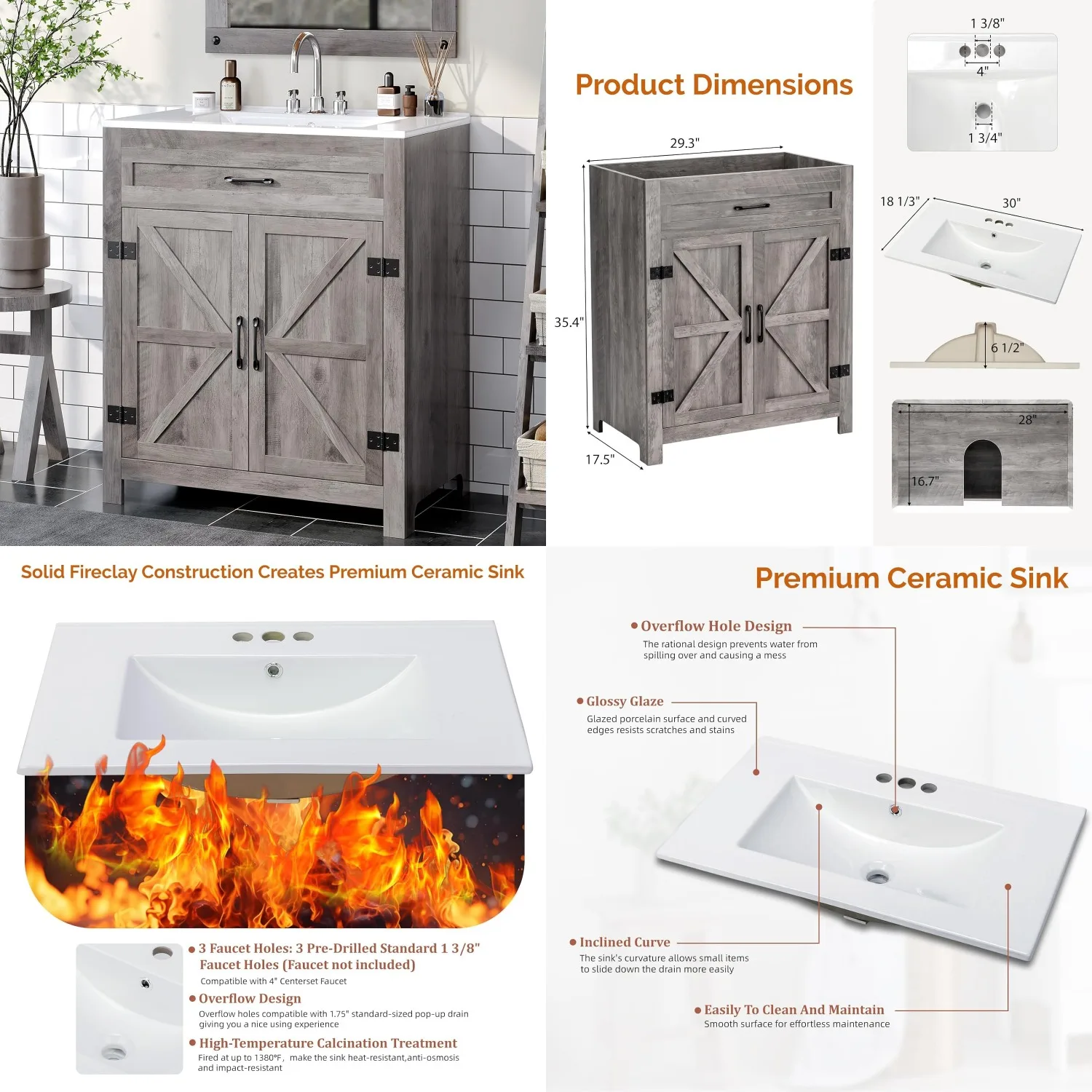 

30" Farmhouse Bathroom Vanity with Undermount Sink Barn Door Shelf Freestanding Cabinet Ceramic Basin Gray Customized