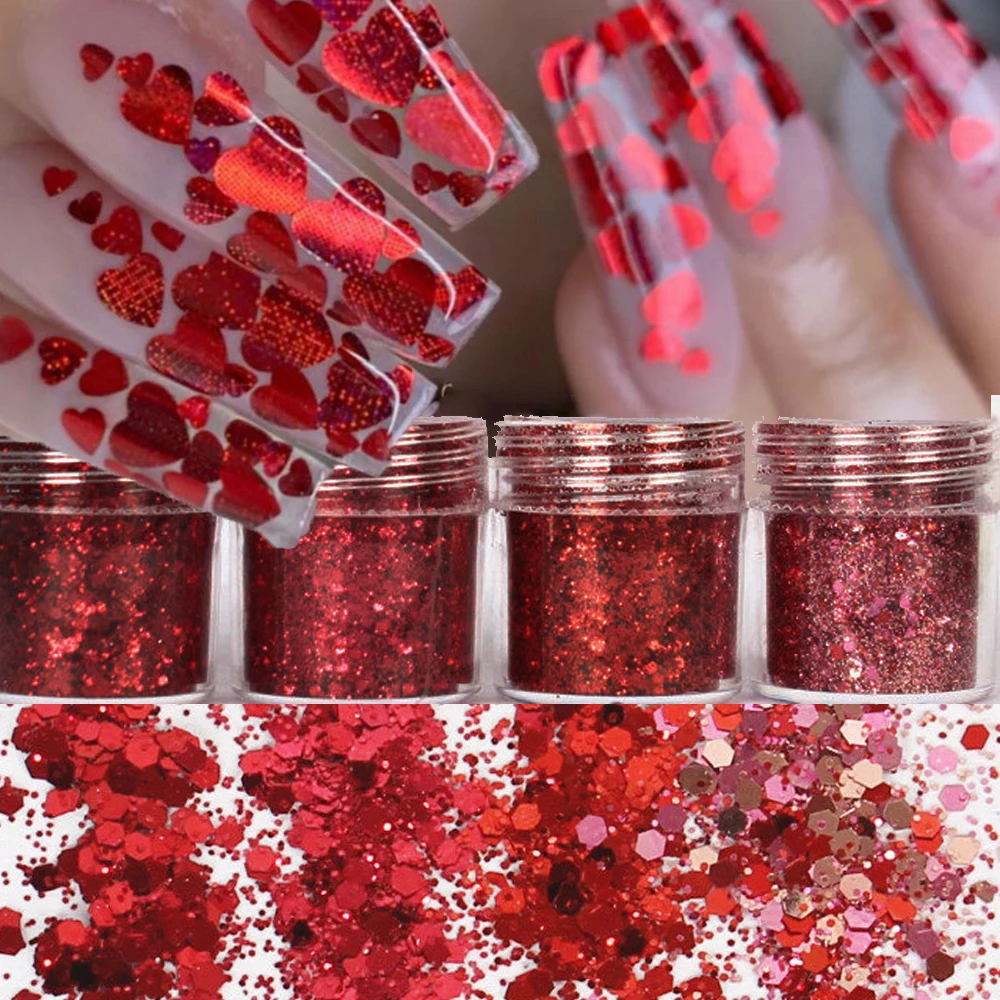 4Jar/set10g Red Sequins Star Nail Glitter Flashing Patch Mermaid Stars Shiny Powder Hexagon Shape Stars Nail Glitter Powder