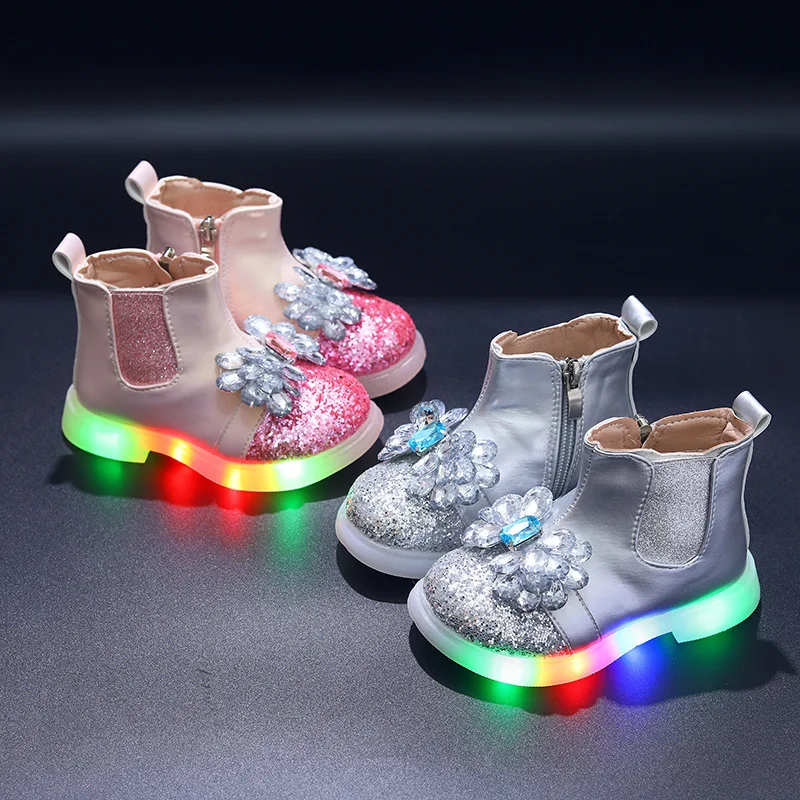 

Kids'Casual Boots Ankle Boots Led Light PU Leather Crystal Spring Shoes For Girls Velcro Anti-slip silver Pink Shoes Size 21-30