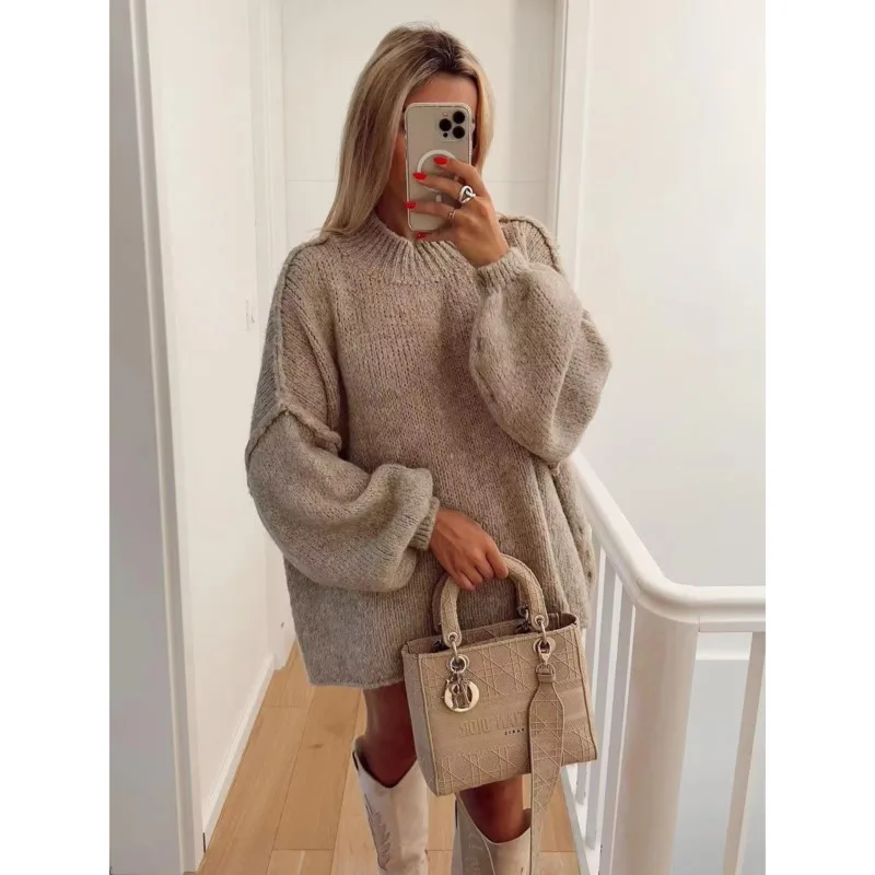 Elegant Round Neck Knitted Sweater Autumn-Winter Warm Solid Color Pullover Retro Loose Lantern Sleeve Blouse Fashion Women's Top