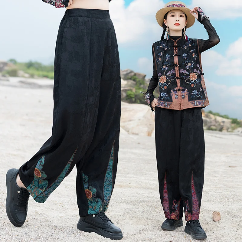 Ethnic Style Pure Color Embroidered Patchwork Casual Pants Long Trousers Loose Fit Ladies Premium Fashion Casual Pants