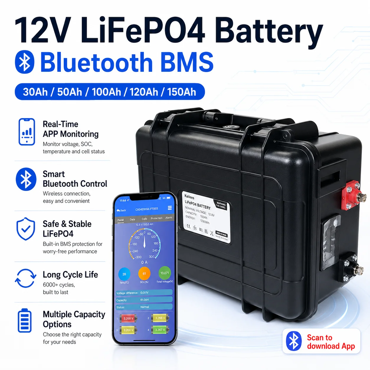 12.8V 30Ah 50AH 100Ah 120Ah 150Ah LiFePO4 Battery Pack 12V for Campers Golf Cart Off-Road Solar Touring Car RV Bluetooth BMS USB