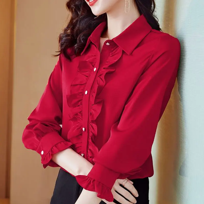 Women\'s Clothing Solid Color Ruffles Patchwork Blouse Spring Autumn New Elegant Single-breasted Commute All-match Straight Shirt