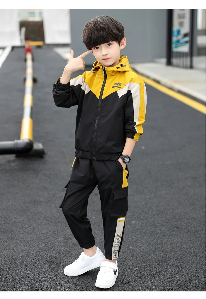 Kids Clothes Spring Autumn Cotton School Uniform Sport Suit Boys Clothing Letter Spliced Hooded Boys Tracksuit Sets 5-14Years