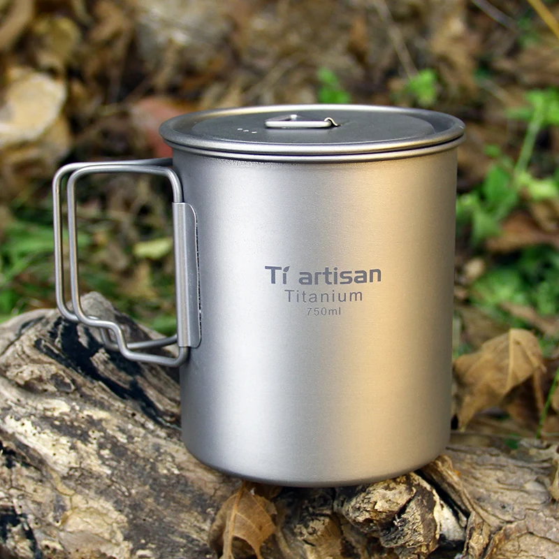 Tiartisan 350ml 750ml Tatinium Cup Hiking Tableware Fodable Handle Coffee Cups with lids Lightweight Frosted Cup Mugs image 2