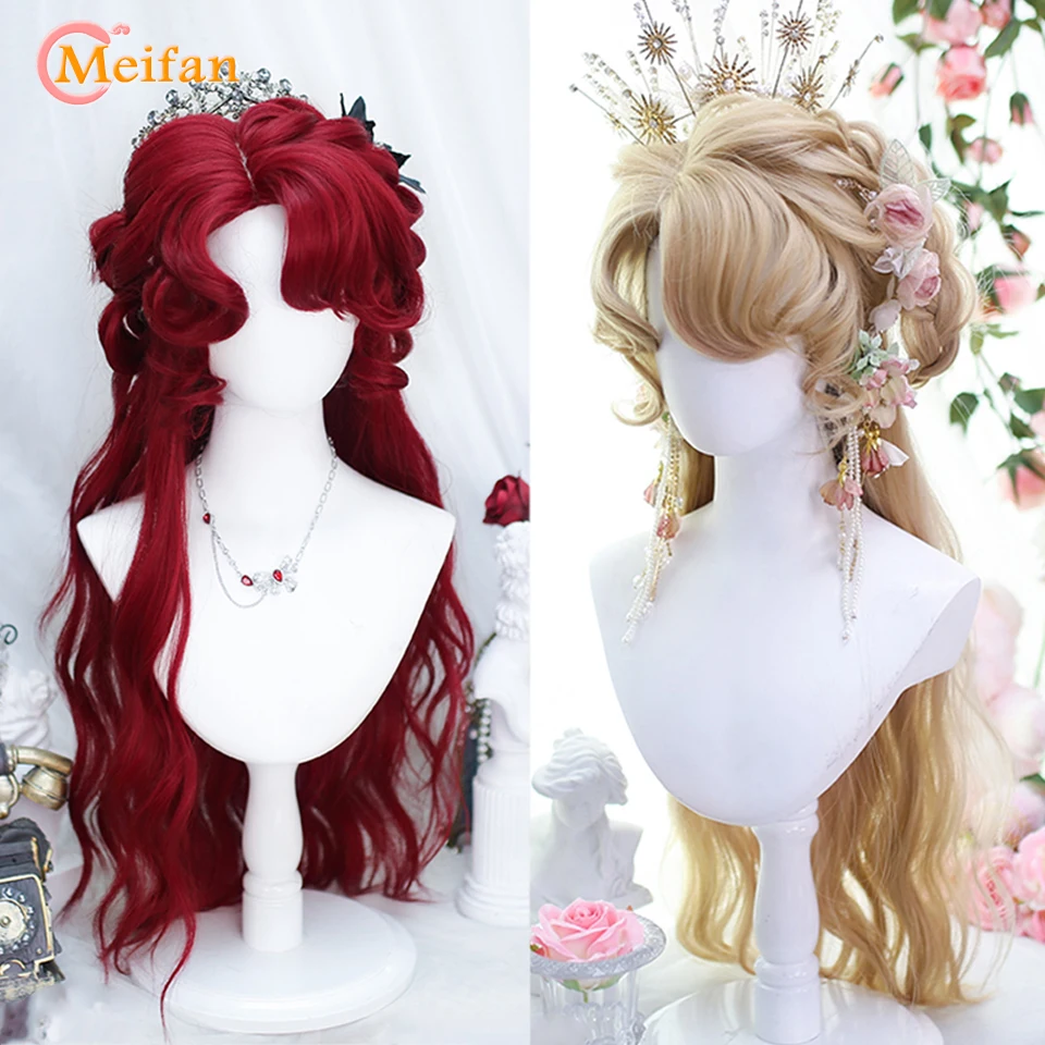 Meifan synthetische lange gewellte lockige Lolita Perücke mit Pony Mädchen niedlich Ombre rosa blau blond Cosplay Party Halloween Harajuku Perücke