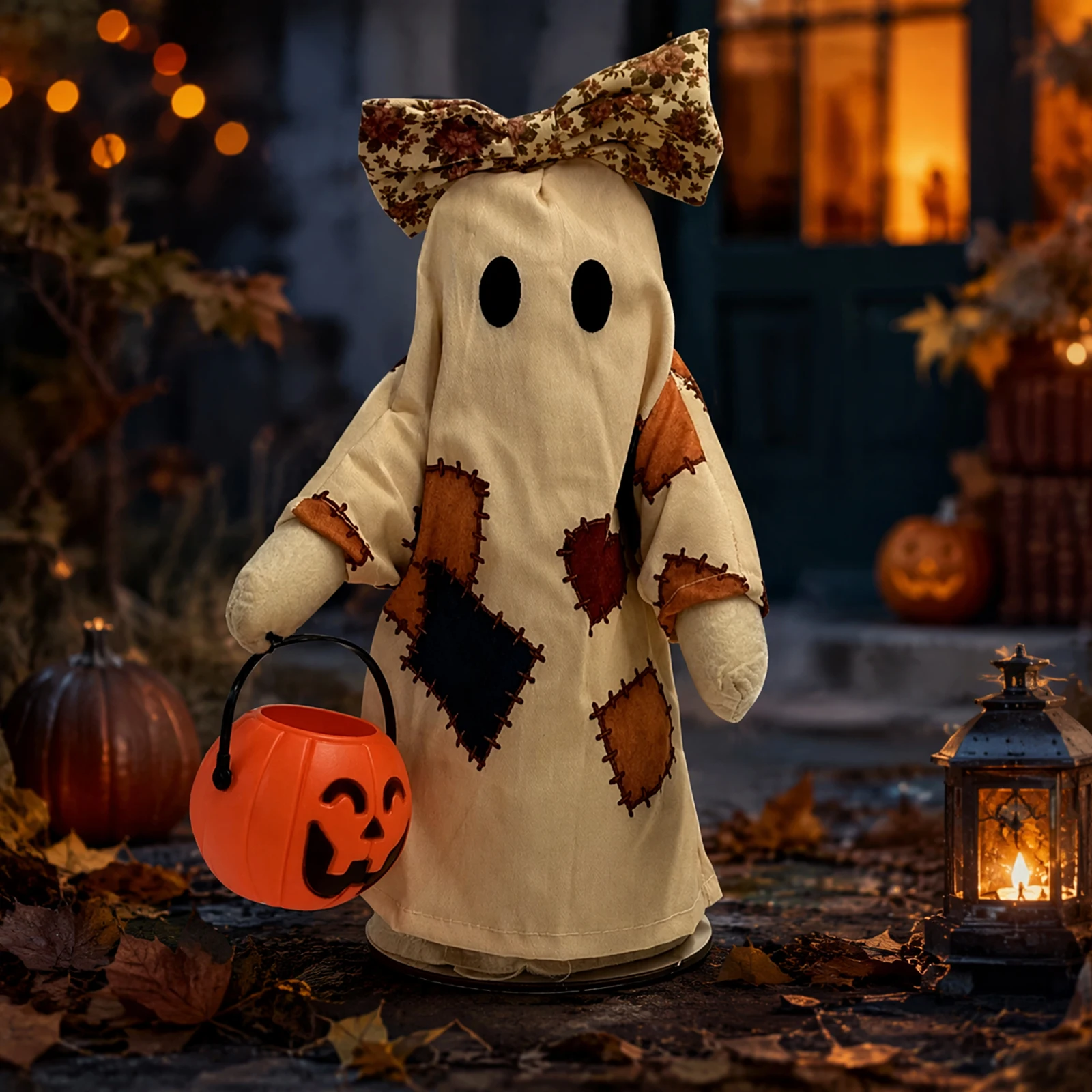 Patchwork Ghost Halloween Decor with Pumpkin Bucket Vintage Ghost Tabletop Figurine Decorative for Home Party Decor
