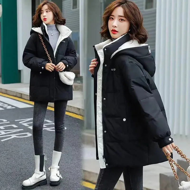 

Long Quilted Jacket for Women, Thick Warm Winter Coat, Loose Lambswool Cotton Clothing, Casual Hooded Parka, Female Overcoat, Ne