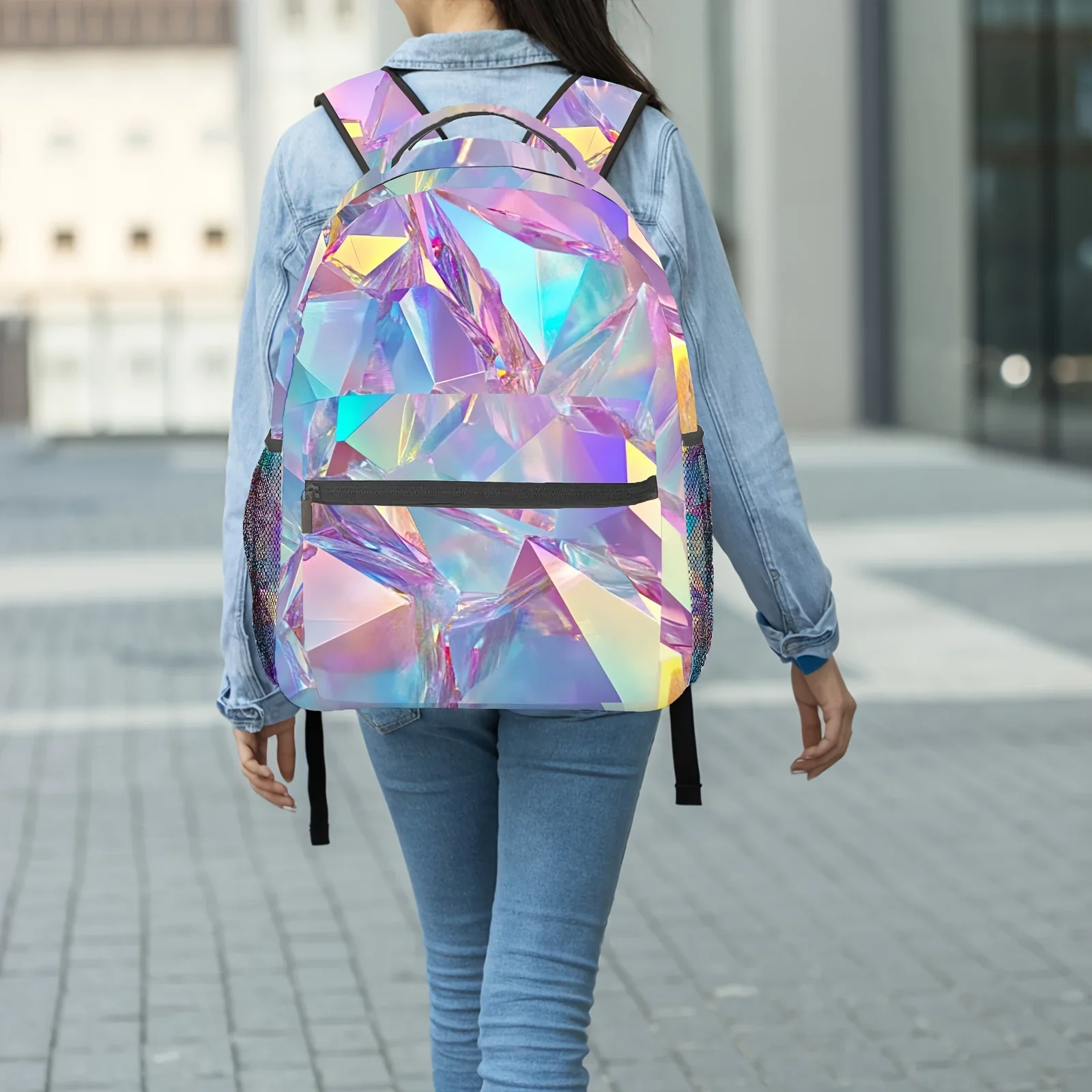 1pc Geometry Print Women'S Backpack Vibrant Iridescent Design, Foldable & Lightweight Laptop Bag With Adjustable Straps, Zip C