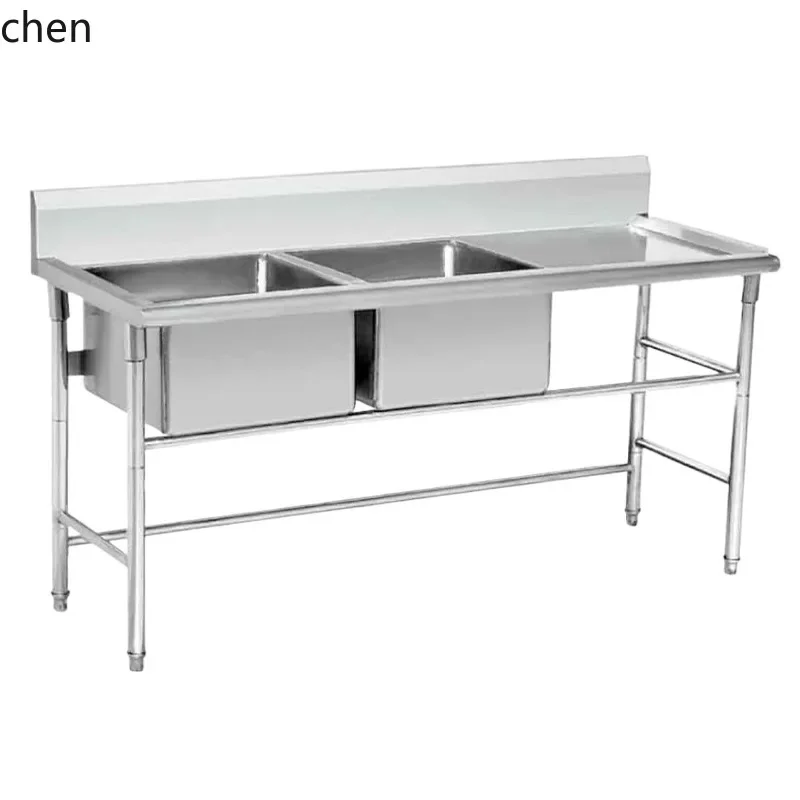 

HYS 304 Stainless Steel Operation Table Kitchen Double Sink Stove Thickened Restaurant Washing and Cutting Workbench Wholesale