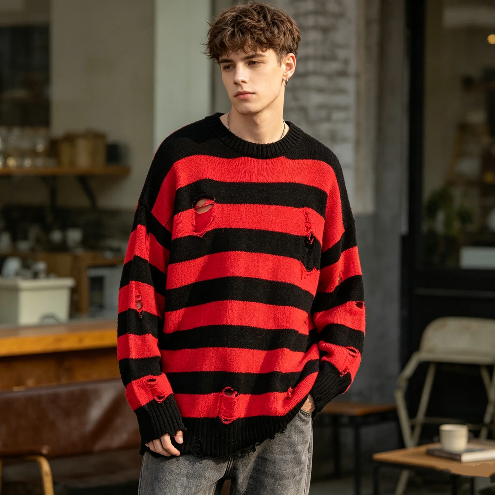 Schwarz Rot Gestreiften Pullover Gewaschen Zerstört Zerrissene Pullover Männer Loch Knit Jumper Männer Frauen Übergroße Pullover Harajuku