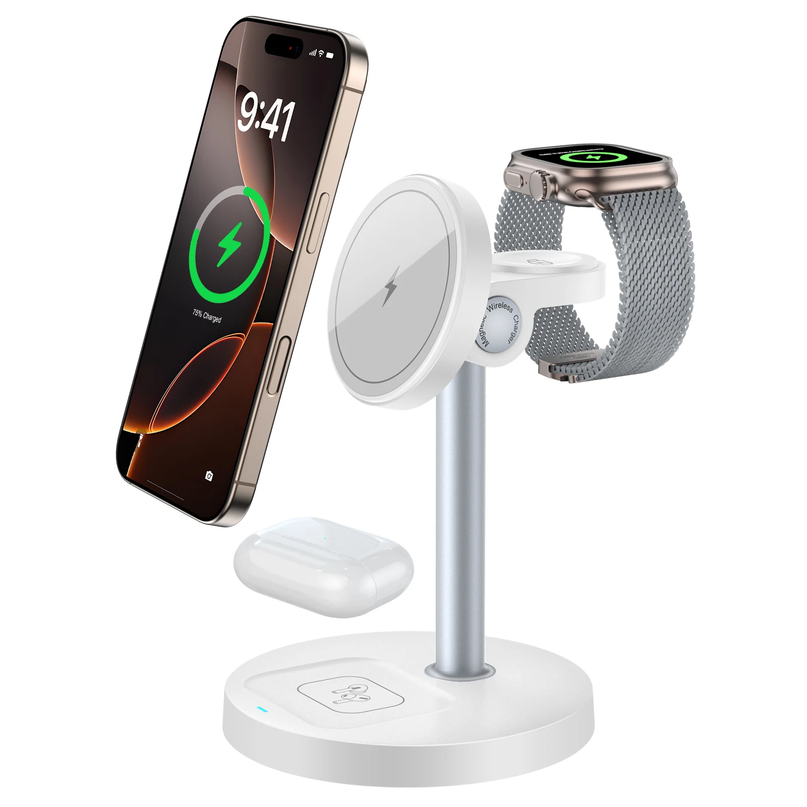 15 W schneller kabelloser Ladeständer, 3-in-1 magnetisches kabelloses Ladegerät für iPhone 12–16-Serie, iWatch und AirPods, einstellbarer Winkel