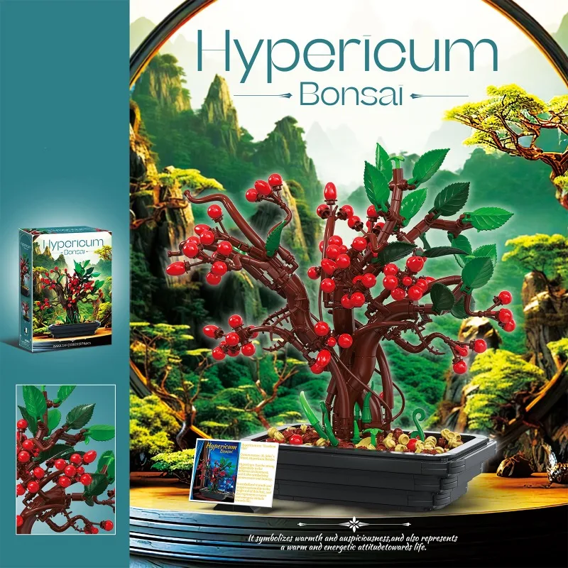 

879PCS Hypericum Bonsai Building Blocks Set DIY Potted Plant Model Educational STEM Toy Desktop Decor For Kid Girl Summer Gifts