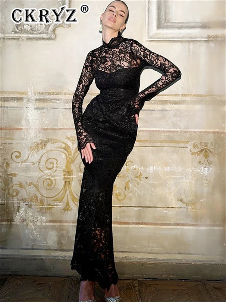 السيدات الخريف أنيقة فستان الحفلات المسائية المرأة طويلة الأكمام عالية الرقبة الدانتيل المرقعة موضة فساتين ماكسي كلوبوير الخريف وتتسابق