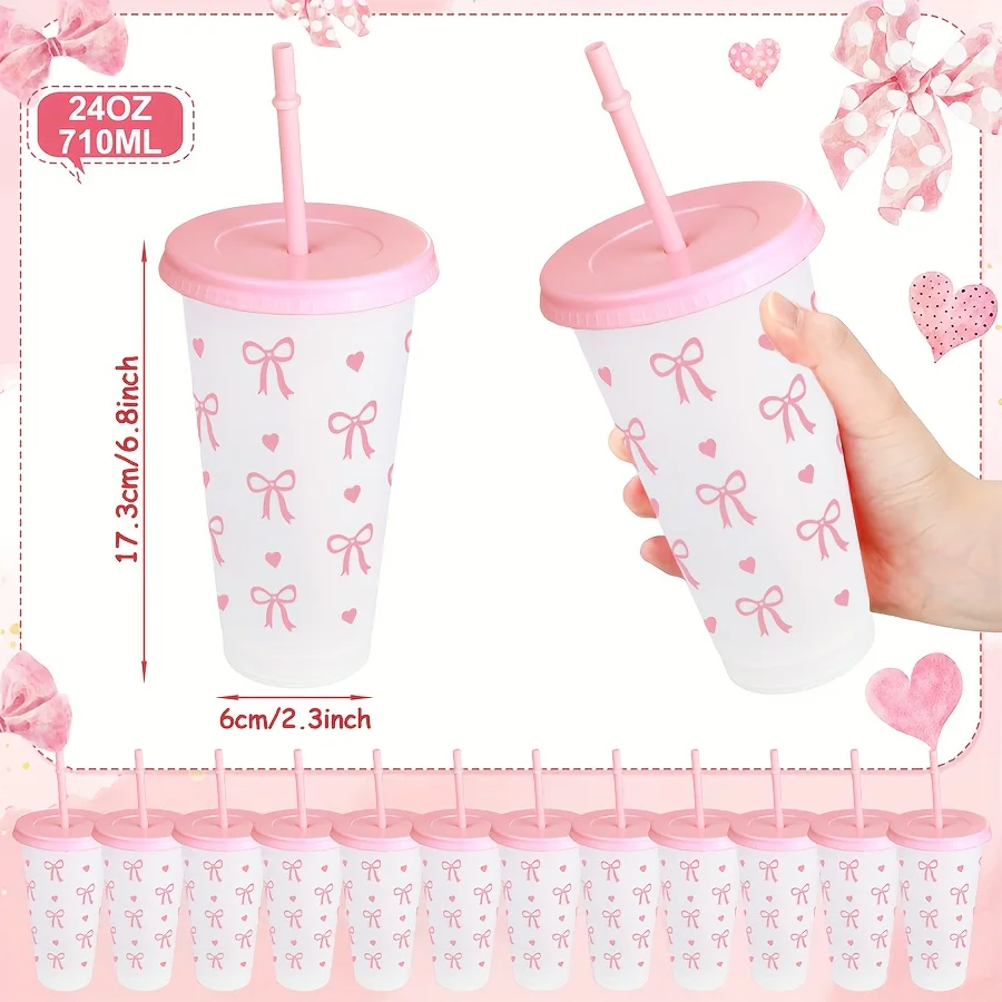 2/20pcs 24oz Reusable Party Cups with Straw & Lid Cute Bow Plastic Tumblers for Cold Drinks Home Office Outdoor Use Summer Gift - view 6