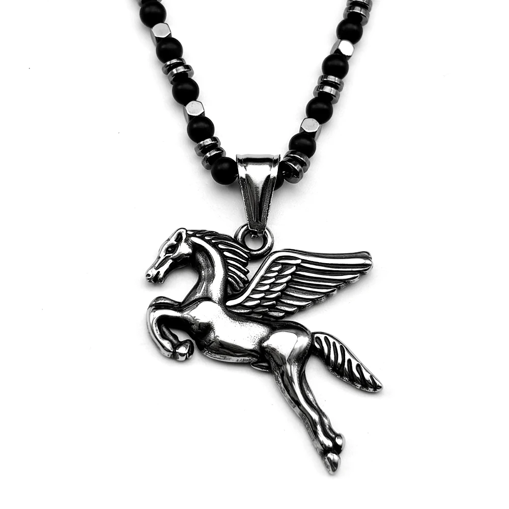 

Gothic Horse Wing Pendant Necklace For Women Men Stainless Steel Silver Color Angel Hiphop Hematite Beads Chain Jewelry Gifts