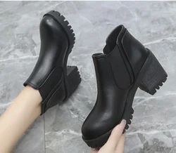 New Fashion Low-tube High-heeled Women's Short Boots Round Toe Wear-resistant Waterproof Platform Elastic Ankle Boots