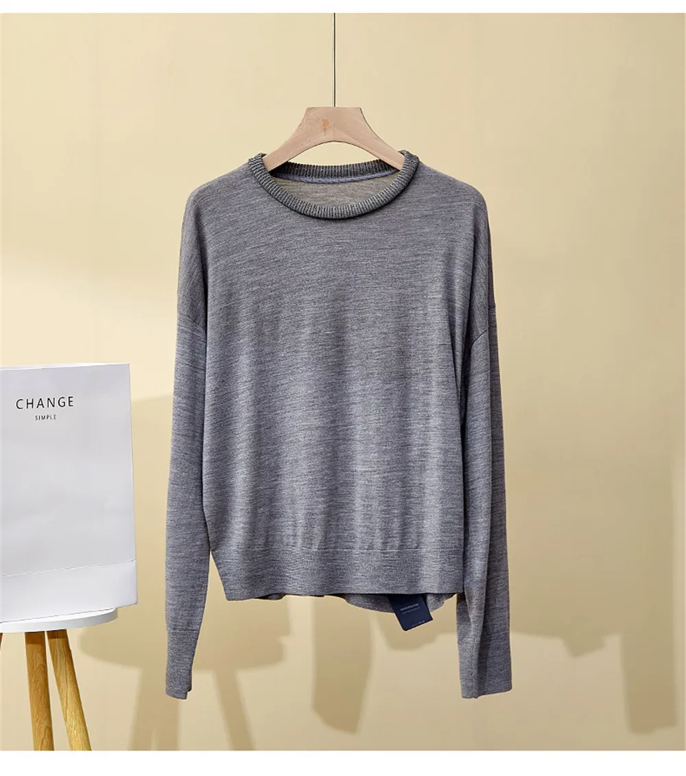 

25 Spring/Summer New Product Round Neck Long Sleeve Silk Wool Versatile Solid Color Knitted Bottom Top for Women
