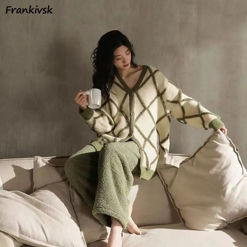 Pajama Sets Women Warm Winter Cozy All-match Simple V-neck Long Sleeved Daily Ladies Homewear Korean Fashion Hot Sales Vintage