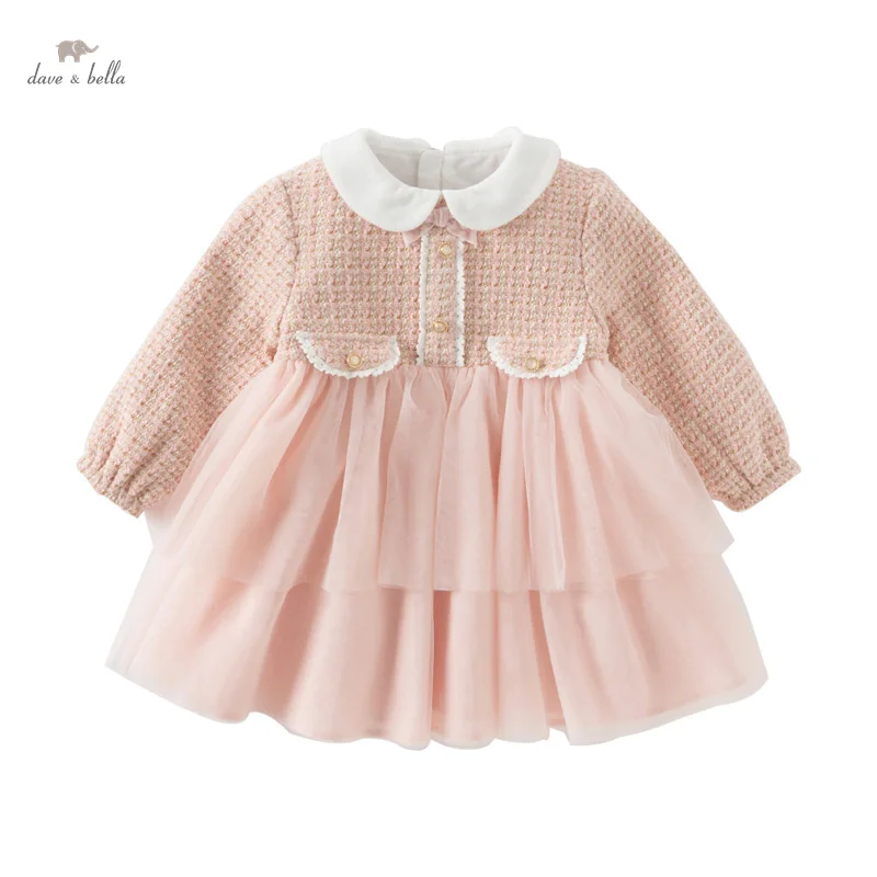 Dave Bella Princess Dress Girls Baby Children 2024 New Autumn Winter  Charm Cute Pink Fashion Long Sleeved Dress DB4243444