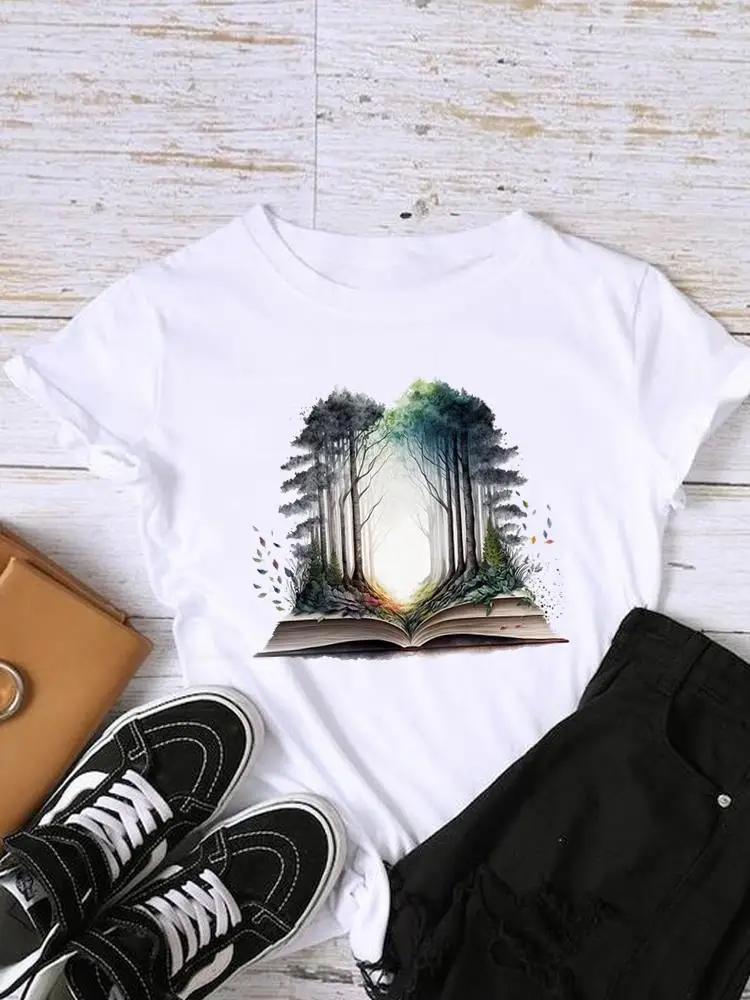 Lady Female Short Sleeve Print Fashion Women Shirt Lovely Forest Trend Cute 90s O-neck Tee Top Clothing Clothes Graphic T-shirt