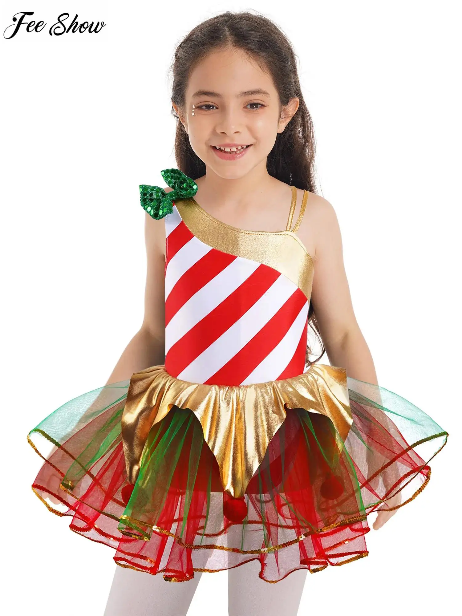 

Kids Girls Santa Cosplay Costume Asymmetrical Shoulder Sleeveless Stripes Print Sequins Adorned Mesh Dress Bodysuit Dancewear