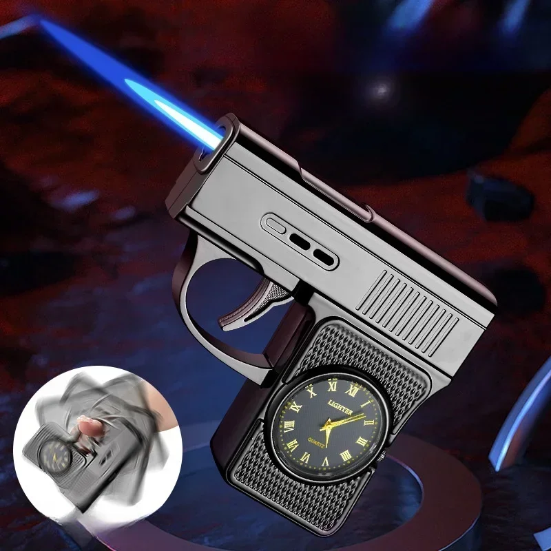 New Creative Gun Type True Watch Windproof Jet Blue Flame Butane Gas Torch Lighter Outdoor Funny Portable Cigar Lighters Smoking