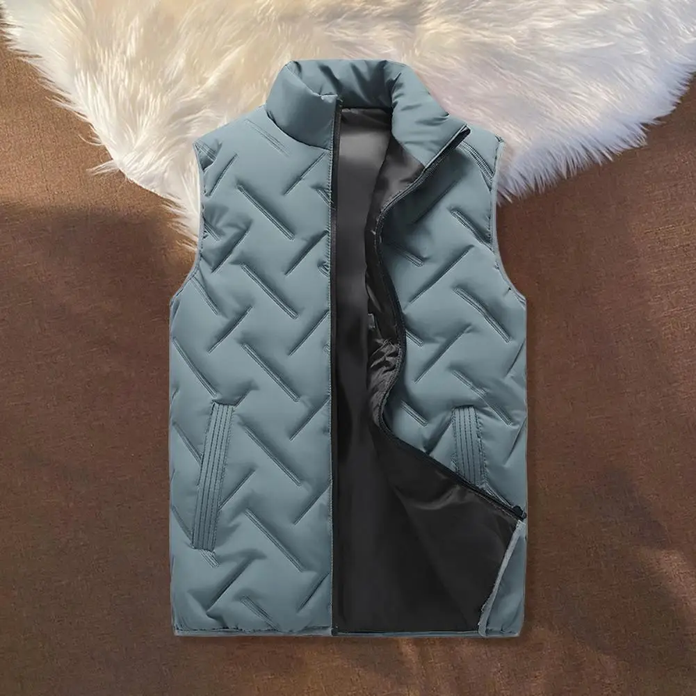 Hooded Vest Men's Winter Stand Collar Sleeveless Vest with Zipper Closure Pockets Solid Color Thickened Padding Cotton Outwear