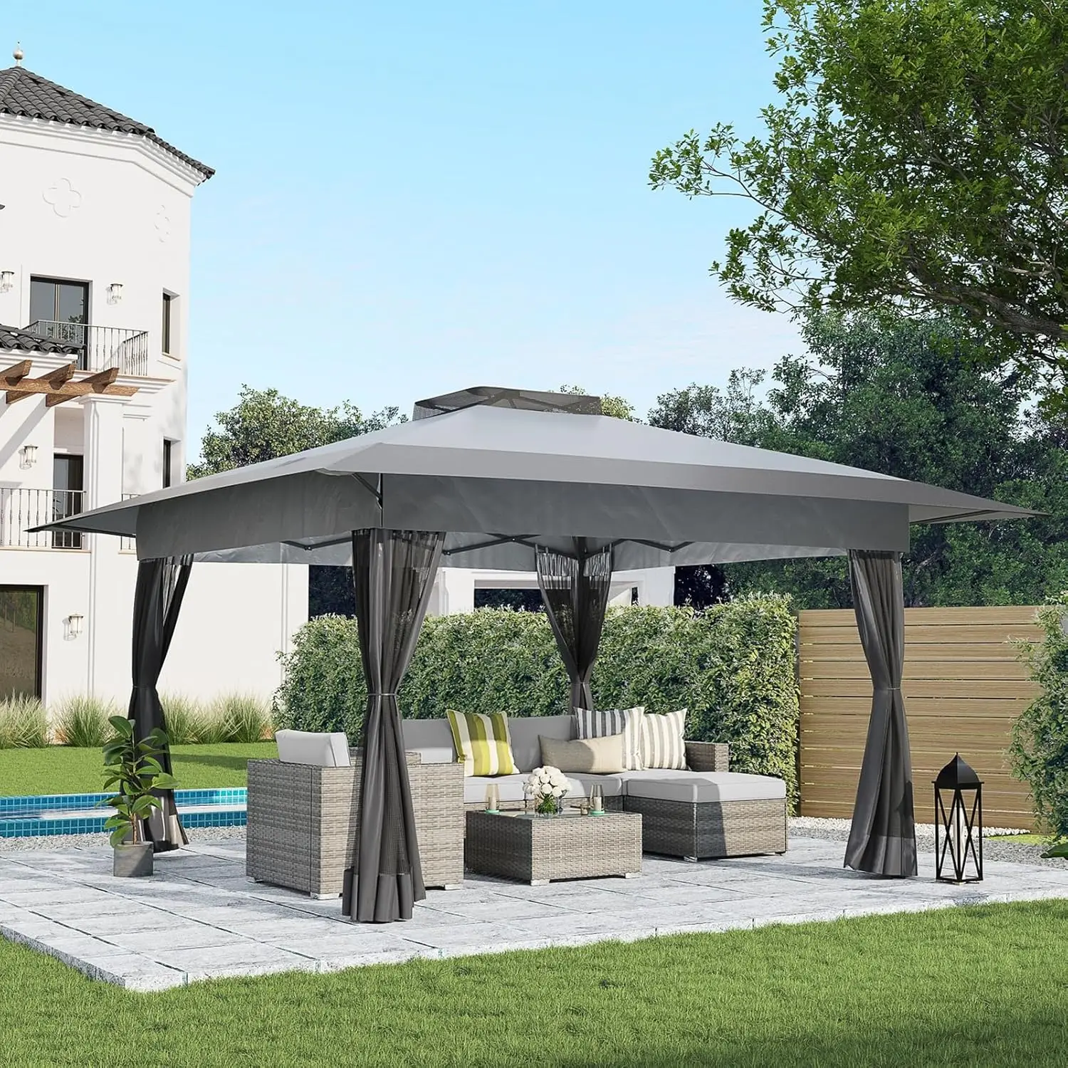 

13’x13’ Pop Up Gazebo, Outdoor Canopy Tent Shade with Metal Frame Mosquito Netting for Patio, Garden, Lawn, Backyard, Gray