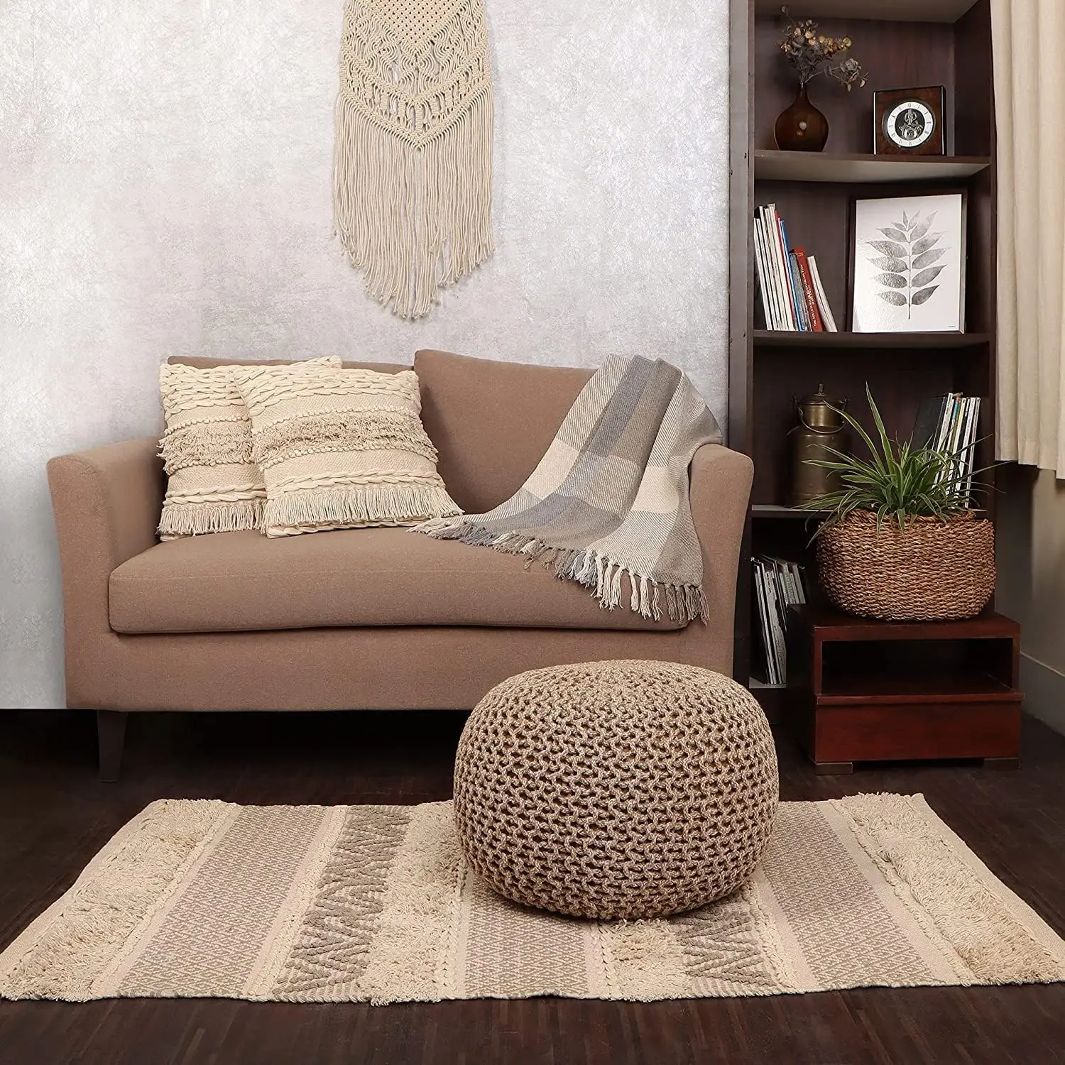 Hand-Knitted Round Boho Pouf Ottoman Foot Stool, Beige Ivory