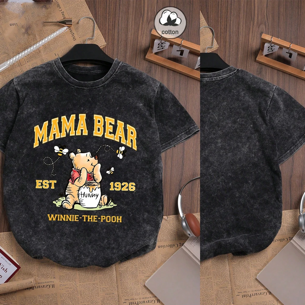 

Summer Women's Fun Print Hip-Hop "Cartoon Illustration Winnie The Pooh" Comfortable Retro Y2k Short-Sleeved Washed T-Shirt