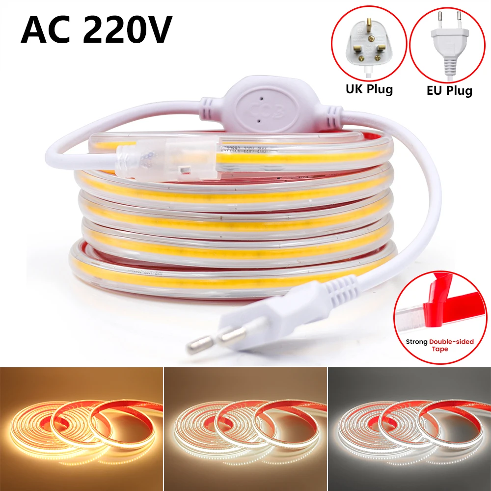 

New 220V COB LED Strip With EU/UK Power Plug High Bright 288LEDs/M Adhesive Tape Waterproof Outdoor Lighting Flexible Led Ribbon