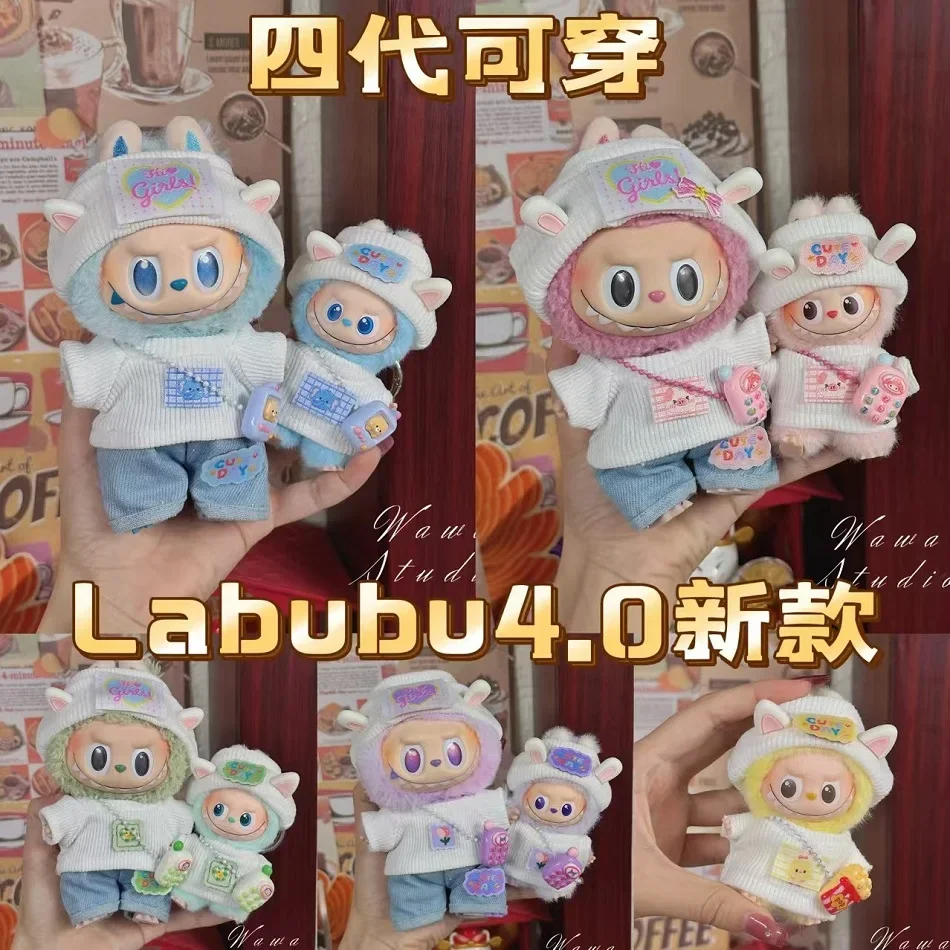 

For 4.0 Labubu And 10cm Cotton Doll Cute Mini Plush Doll Tennis Clothing White Top Denim Rabbit Set Accessory Fashion Gifts