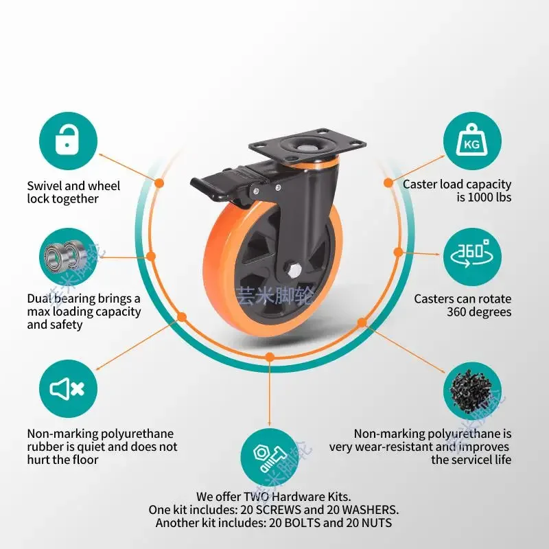 4 Pcs 6-inch Medium Duty Swivel Caster With Brake, Silent Tread Plate Wheels For Industrial Trolleys
