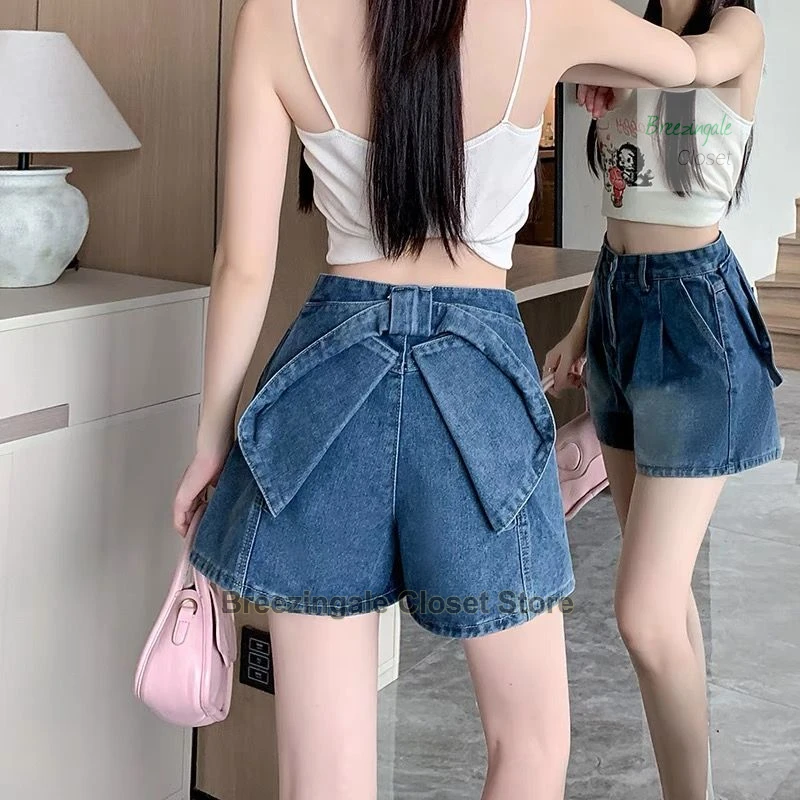 French design butterfly bow straight leg denim shorts for women's summer new casual wear with wide elastic and wide leg pants