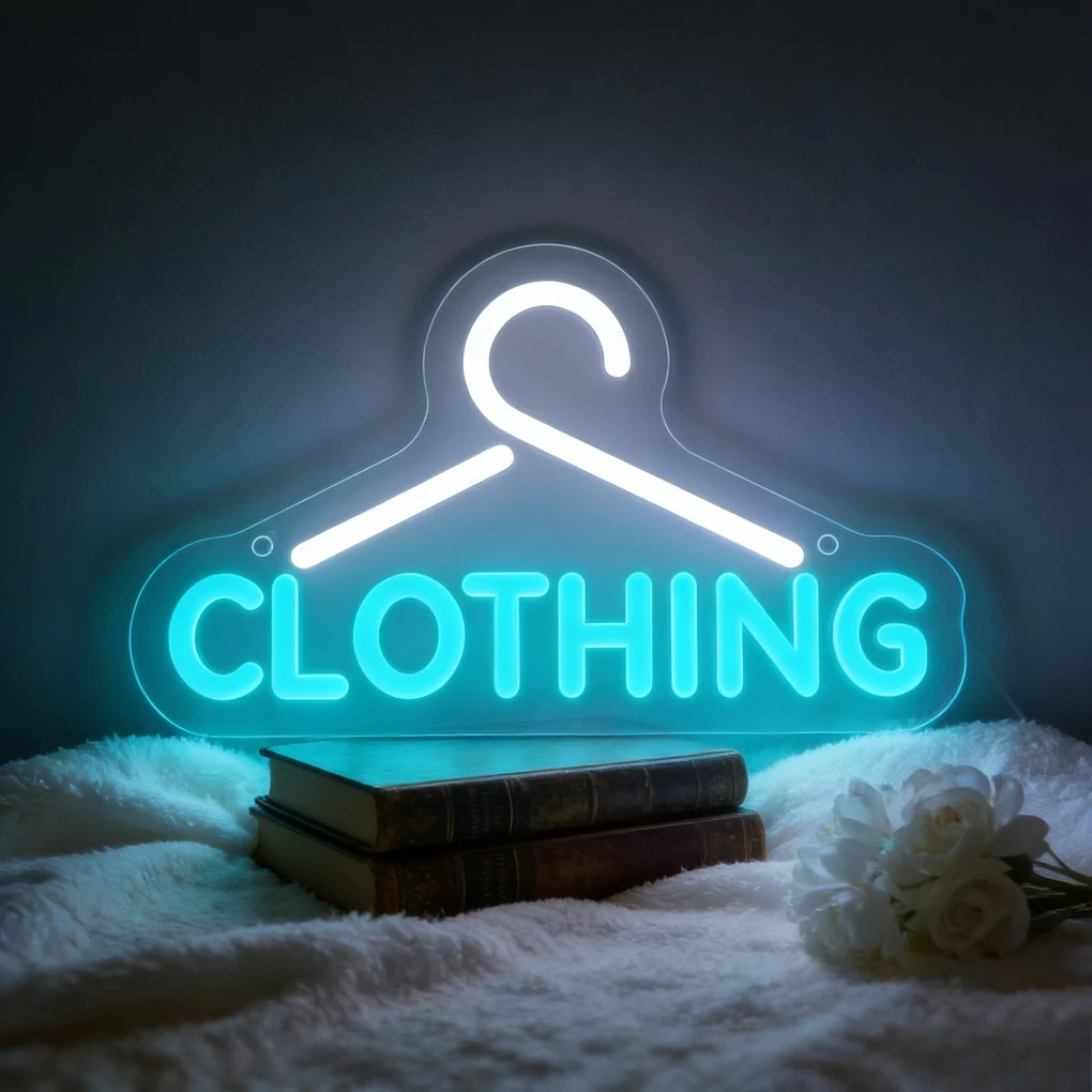 

Светодиодная неоновая вывеска «Вешалка для одежды» с сине-белым свечением для бутика, магазина, домашнего декора, спальни, гостиной, модной индустрии, настенное искусство, подарок