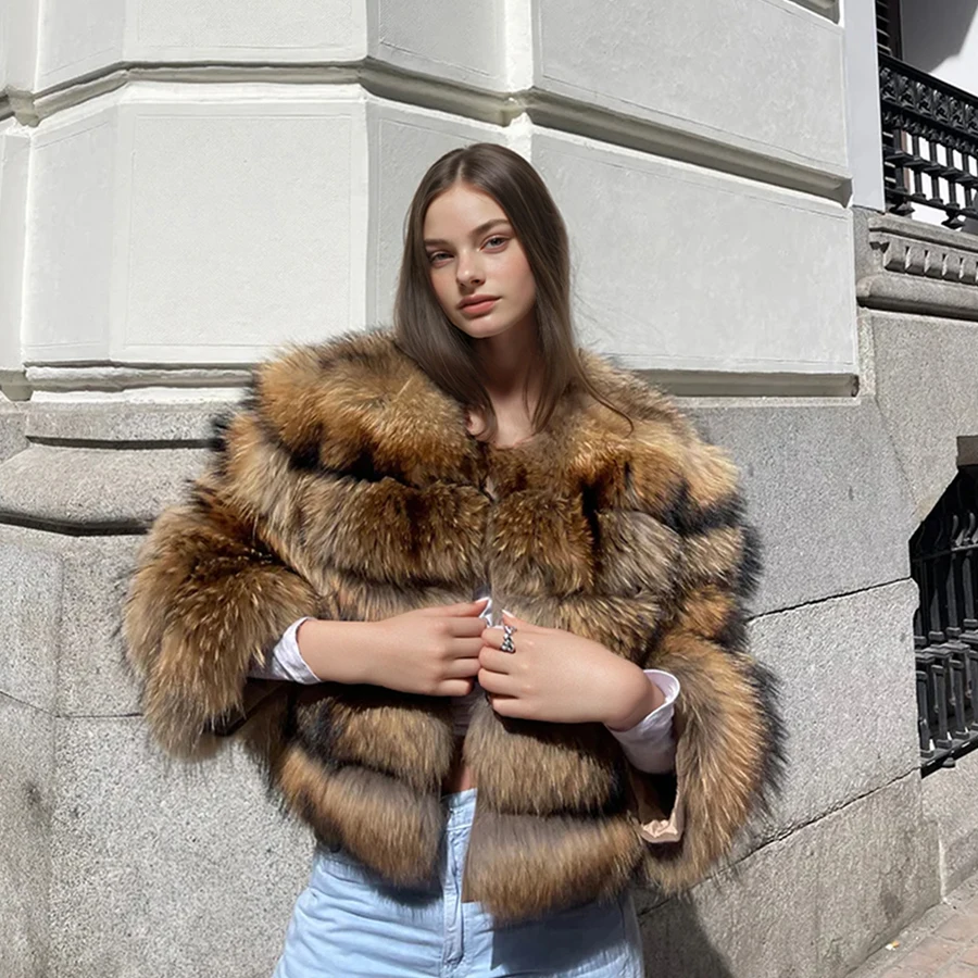 รอบคอเสื้อขนสัตว์ธรรมชาติสั้น Raccoon ขนสัตว์ Cropped Raccoon ขนสัตว์ร้อนขายเสื้อแจ็คเก็ตผู้หญิง