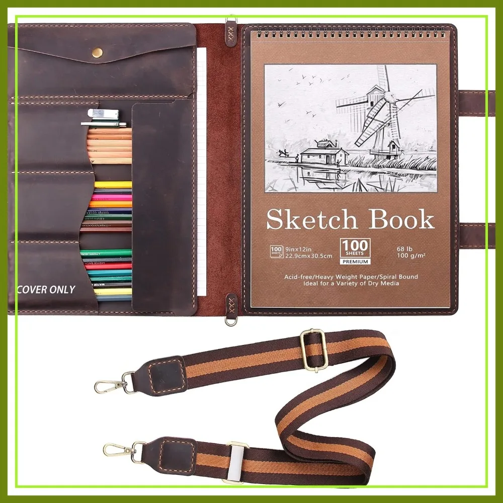 

Handmade Leather Sketchbook Cover for 9x12 Top Spiral Pad, Pencil Case & Portfolio with Strap, Artist Gift