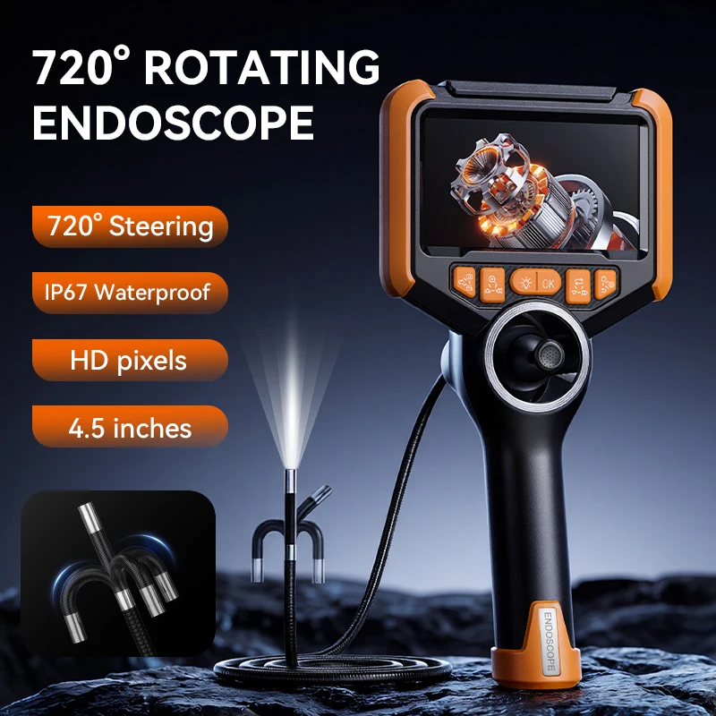 Endoscope 720 Degree Articulating Inspection Camera 4.5 Inch Screen 8 LED Borescope for Car Repair
