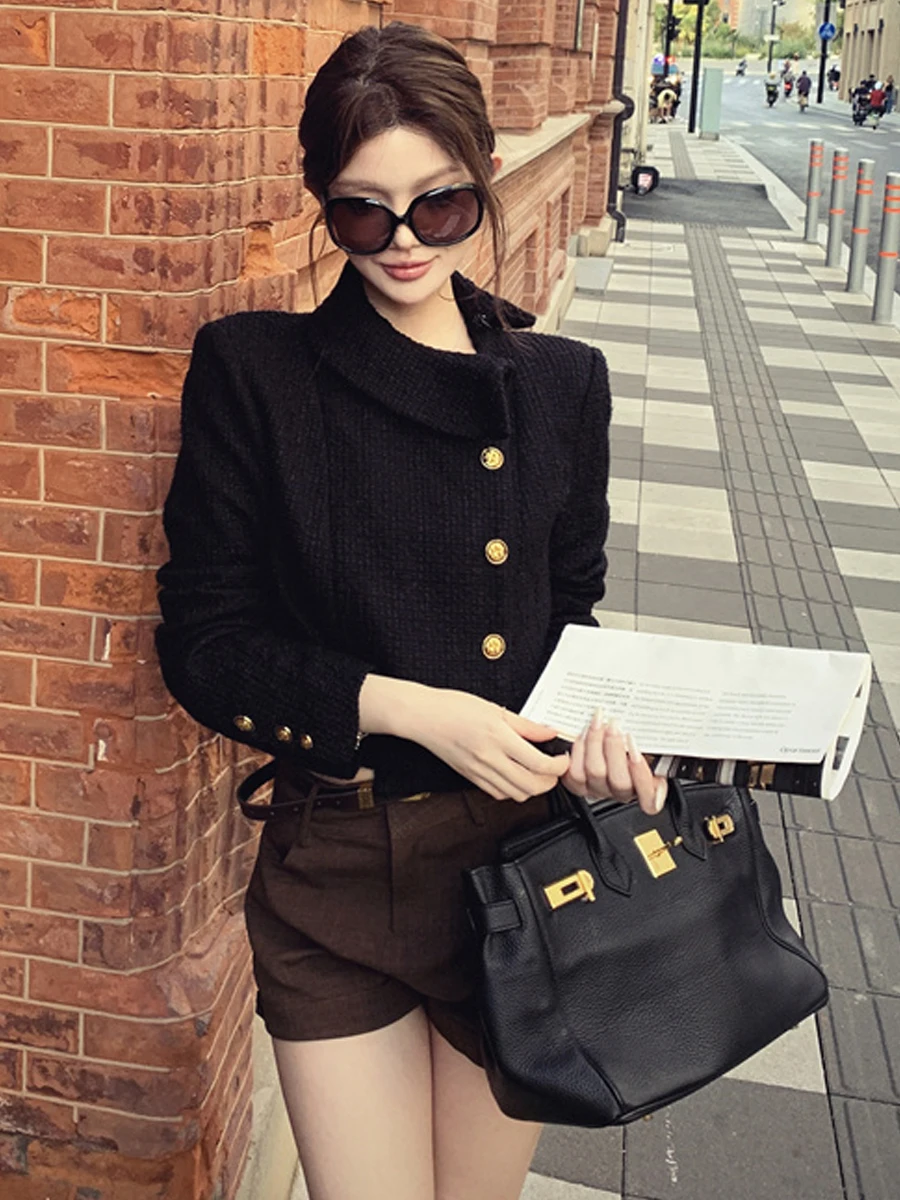 Slim Fit Metal Single Button Short Coat Elegant Style Straight Tube Design Fashionable Top for Women High Quality Luxury Wind