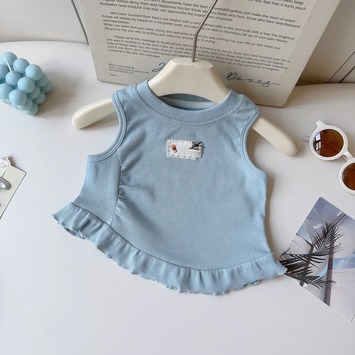 2026 Girls Korean Sleeveless Vest Summer New Baby Girl Ribbed Lace Patch Label Ruffled Sleeveless Vest
