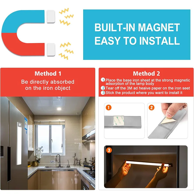 LED Motion Sensor Light Under Counter Lighting Wireless USB Rechargeable Kitchen Night Lights Magnetic 3-Colors Bedroom Lighting