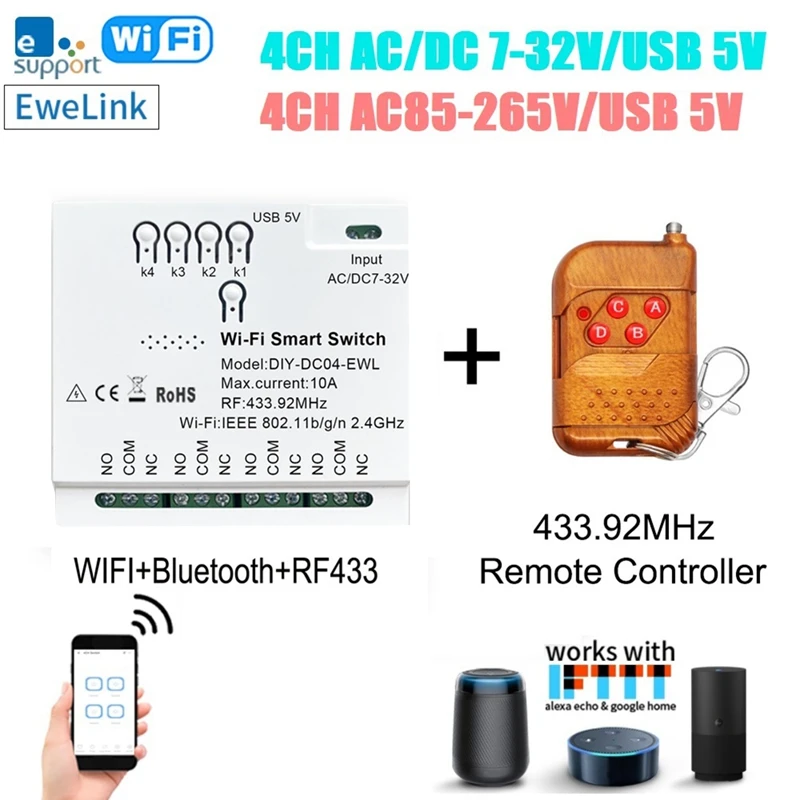 4CH Ewelink Wifi Smart Switch+RF433 Remote 2.4G Wifi Smartlife Home Automation Module For IFTT Alexa Google Home