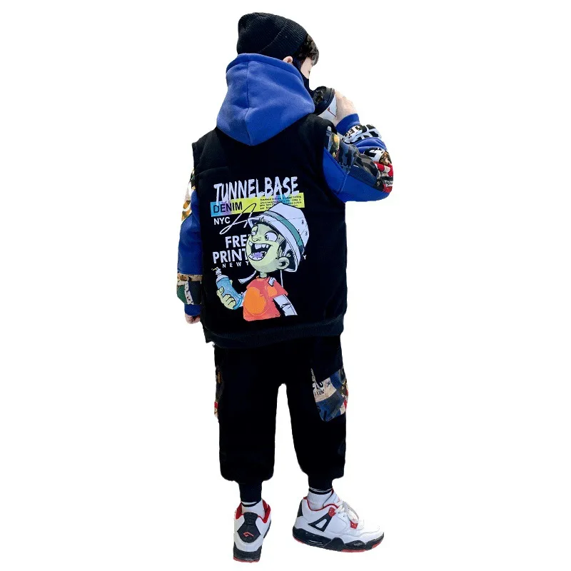 Boys Coat +Trousers +Vest Cotton Kids Sport Suits 3PCS/Set 2023 Cartoon Winter Autumn School Plus Size Outfits Children Sets