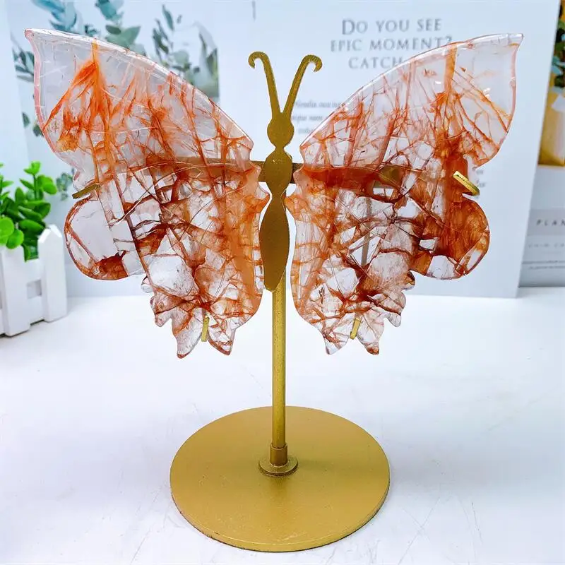 Natural Red Fire Quartz Hematoid Butterfly Wings Carving Quartz Healing Energy Gemstone Crystal Crafts Study Decoration 1pair