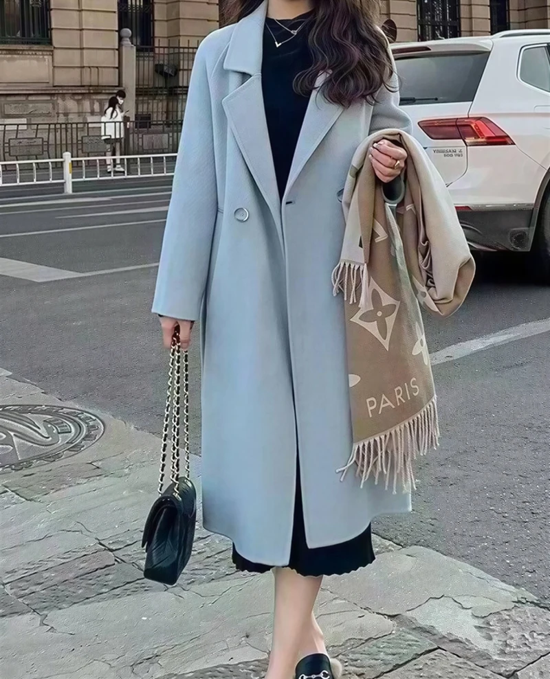 

Шерстяные пальто, женское шерстяное пальто, коричневое женское зимнее клетчатое пальто на пуговицах, двухслойное, с расклешенными рукавами-колокольчиками, минималистичный