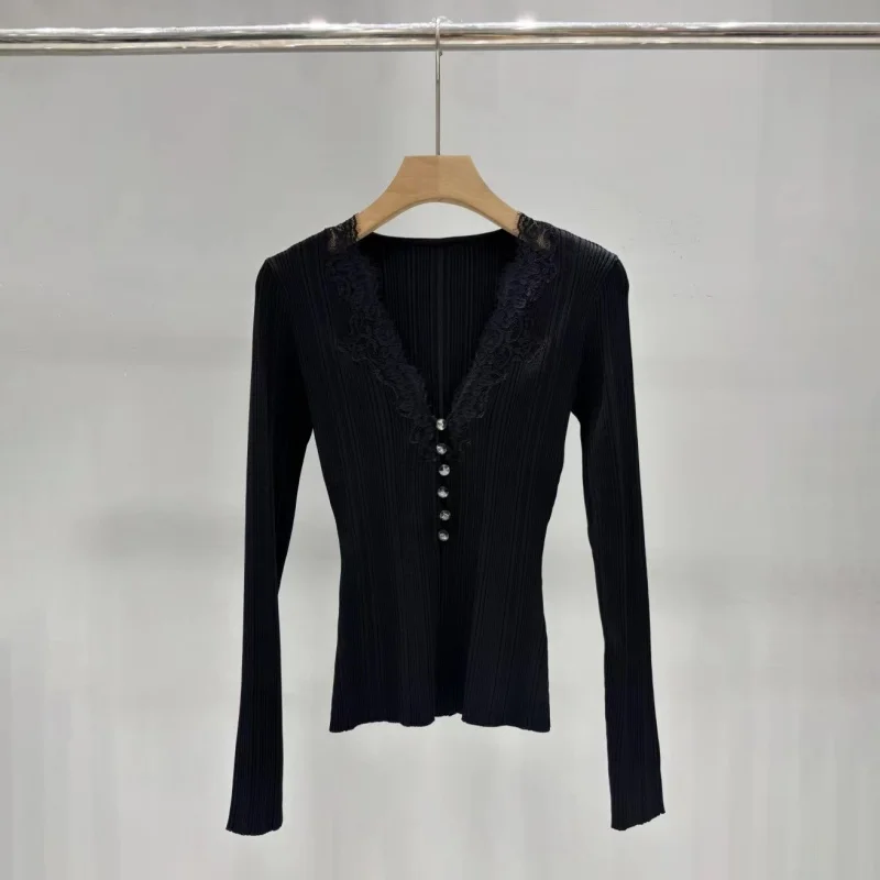 秋の新作レディースVネックレースフリンジ付き長袖ウールニットセーターy2k高品質でファッショナブルなシングルブレストプルオーバー