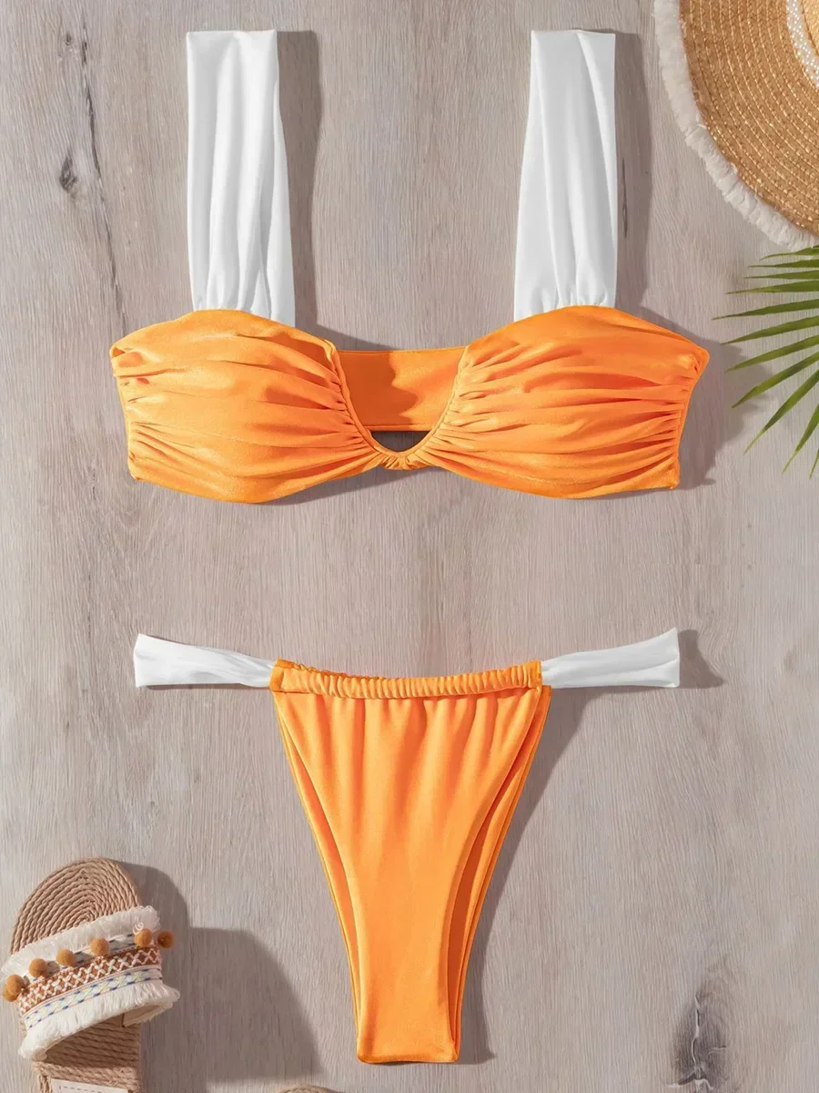 Wrinkled V Neck Bikini 2025 Female Swimsuit Women Swimwear Two-pieces Bikini Set High Cut Bather Bathing Suit Swim Beach Wear