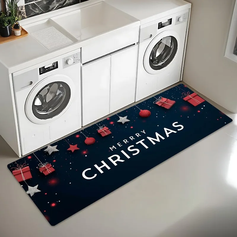 Merry Christmas Runner Carpet Dark‑Blue Gift Box Star Ornament Printed Floor Carpet Modern Festive Winter Holiday Decor